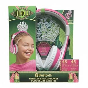 Wicked Glinda Pink and White Wireless Headphones Microphone Rechargable Kids New